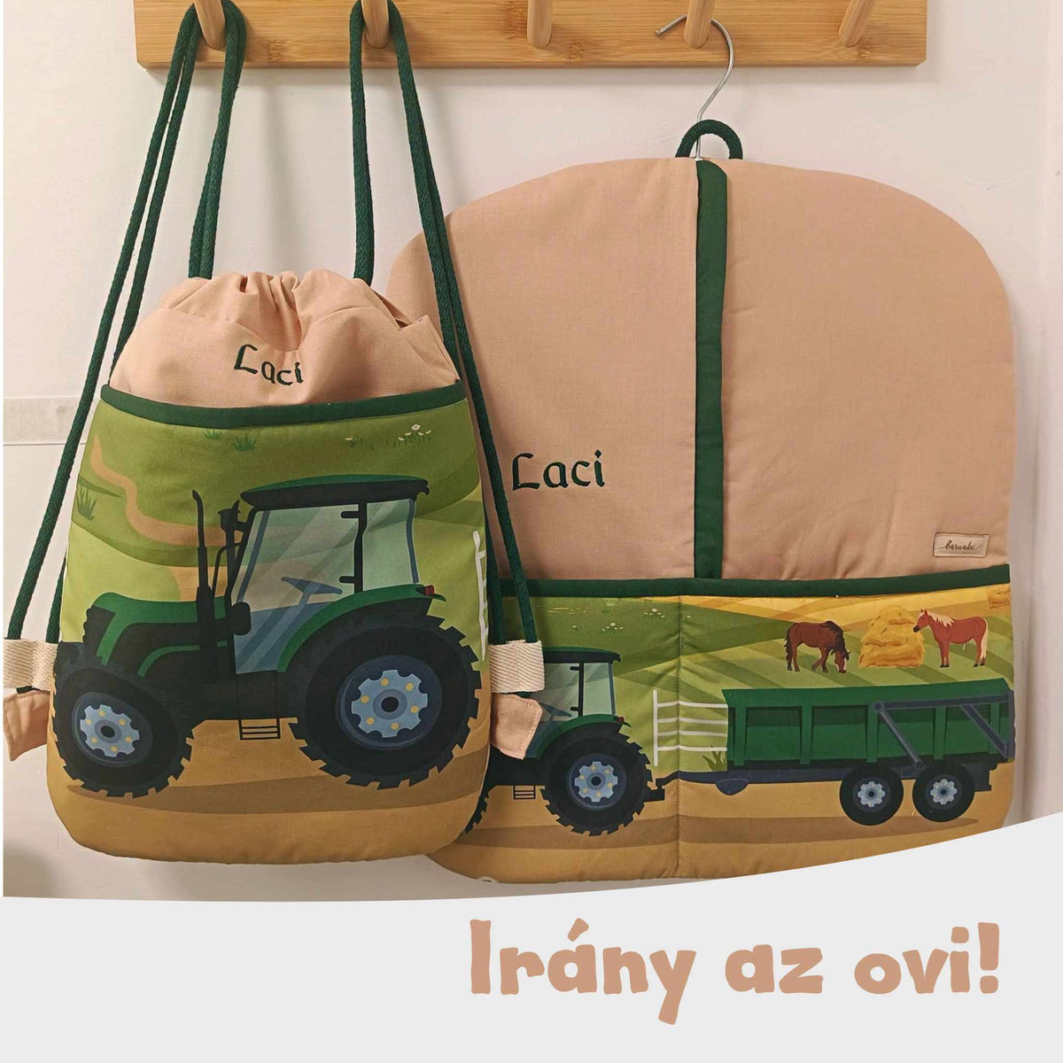 Zöld traktor mintás oviszsák és tornazsák